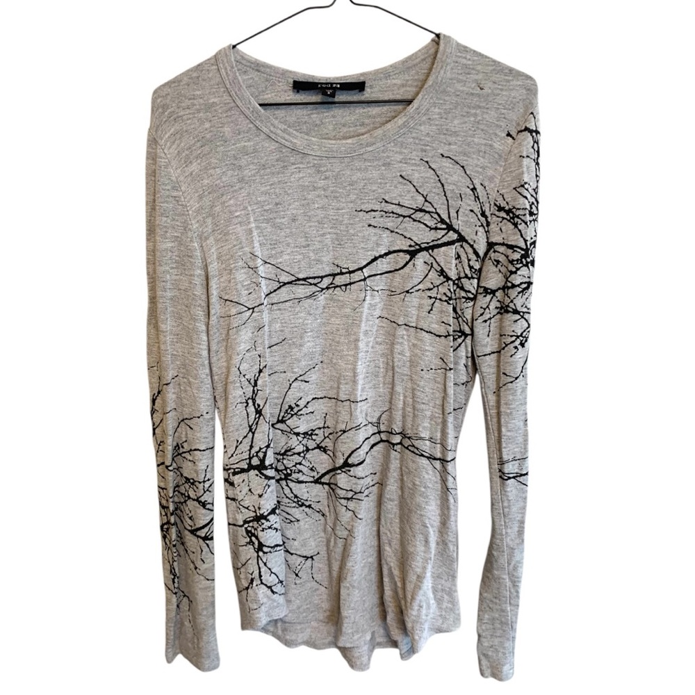 Woman’s Red 23 extra long grey sweater with tree print